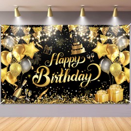 Birthday Banner Black Gold, Waylipun Birthday Party Decorations, Birthday Banner Background Banner for Boys Girls Woman Man, 180 x 110 cm