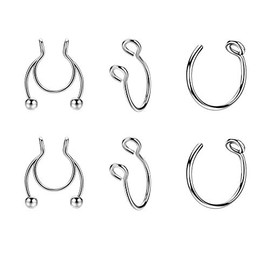 JOFUKIN 6pcs Silver Stainless Steel Fake Nose Ring Flexible Fake Septum Ring Non Pierced Fake Horseshoe Septum Piercing Clip On Nose Rings