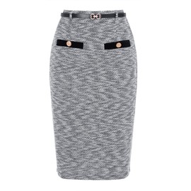 Allegra K Work Skirts for Women Knee Length High Waisted Tweed Skirt Button Decor Bodycon Pencil Midi Skirt with Belt Large Black