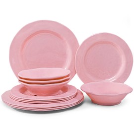 LEHAHA Pink Dishes Melamine Dinnerware Sets, 12 Piece Kitchen Plates and Bowls Dinnerware Sets, Lightweight, BPA free Melamine Dishes for Girls, Valentine's Day, Mother's Day.