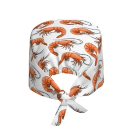 Shrimp Stuffed Animal Crawfish Red Cooked Boiled Lobster Ocean Working Cap for Women, Scrub Cap with Sweatband Adjustable, Unisex Tie Back Hat, Nurse Surgical Caps