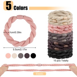 Women's Hair Scrunchies, Pack of 15 Hair Bobbles, Elastic Braid Elastics, 5 Colours Braided Ponytail Holders for Women, Girls, Children, Thick and Curly Hair