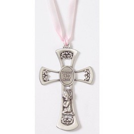 McVan, Inc. 3.75" Pewter Cross with Ribbon - Girl Pink Crib Cross
