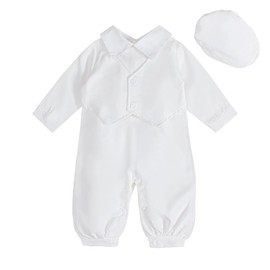 Lito Angels Baby Christening Outfit Baptism Romper & Beret Hat for Infant Toddler Boys Girls 9-12 Months | White Long Sleeve Church Ceremony Attire