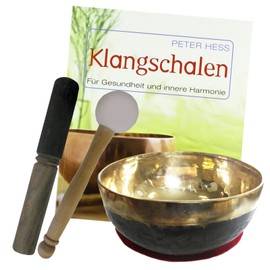 Peter Hess Bengali Singing Bowl 5-Piece Sound Massage Set with Book Therapy Quality: Throat Bowl Approx. 600-700g Approx. 14-15 cm with Cushion Wood/Leather Grater & Therapy Clapper 70176