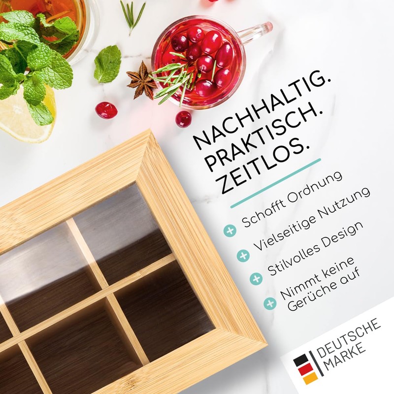 smartday Bamboo Tea Box with Viewing Window - Tea Bag