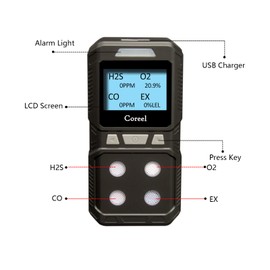 Coreel 4 Gas Monitor, Portable CO, H2S, O2,EX Gas Detector Meter - Ready to Use (Black)