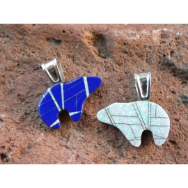 Handmade Double Sided Bear Pendant Southwestern Sterling Silver Lapis & White Opal R34