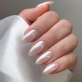 White Press on Nails Medium Almond Fake Nails Chrome False Nails with Designs Aurora Stick on Nails Reusable Artificial Glue on Nails Glossy Full Cover Acrylic Nails for Women Nails Decoration 24 Pcs