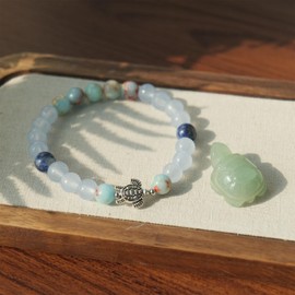 Travel Turtle Bracelets for Women Travel Essentials Accessories Green Aventurine Yellow Tiger Eye Stone Tiny Turtles Figurines Good Luck Travel Gifts for Women (Travel Turtle Bracelet-Blue)