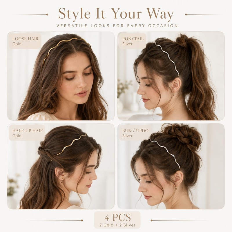 4Pc Thin Metal Headbands, Wavy Headband, Fashionable Hair Accessories for