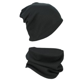 Alkato Unisex Beanie Hat and Scarf Set Plain, Black ribbed fabric
