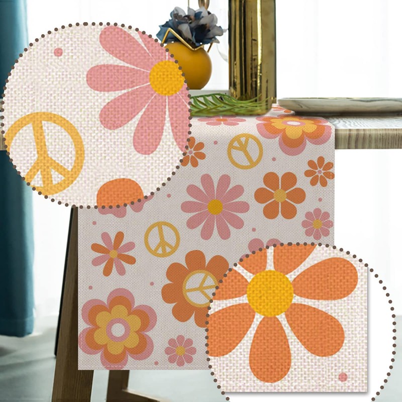 Vohado Groovy Table Runner Daisy Retro Hippie Boho Rainbow Party