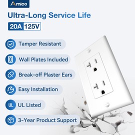 Amico 50 Pack Wall Outlet, 20 Amp Outlets, UL Listed, Tamper Resistant Standard Electrical Outlet, Decorator Receptacle with Wall Plate, Suitable for Home and Business, 125V/1875W, White