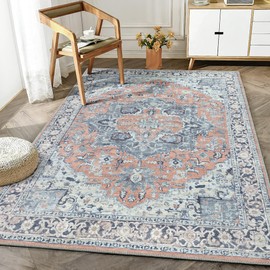 Bloom Rugs Washable Non-Slip 5' x 7' Rug - Coral/Blue Traditional Medallion Area Rug for Living Room, Bedroom, Dining Room, and Kitchen - Exact Size: 5' x 7'