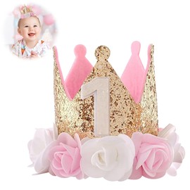 Makloee 1st Birthday Crown Hat for Baby Girls, Princess Girls First Birthday Party Crown Hat with Cute Floral, 1st Pink Birthday Decorations Hat for Girls Baby Party Supplies(Pink)