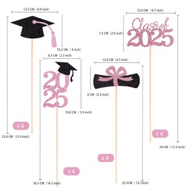 Class of 2025 Graduation Decoration Centerpieces for Tables, 2025 Graduation Table Double-Sided Toppers Party Centerpiece Sticks Party Supplies (16 PCS, Pink & Black)