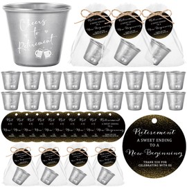 Havawish 25 Sets Retirement Party Favors for Guests, Cheers to Retirement 1.5 oz Stainless Steel Shot Drinking Cups with Thank You Tags Organza Bags Retired Gifts Party Decorations