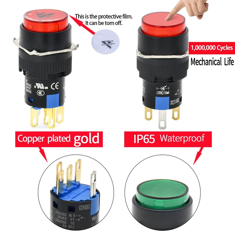 16MM Momentary Push Button Switch 12VDC LED Light Round Head