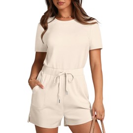 XIEERDUO Jumpsuit 2024 Short Sleeve Romper Summer Casual Loose Solid Jumpsuit Vacation Outfits for Women Creamy Apricot L