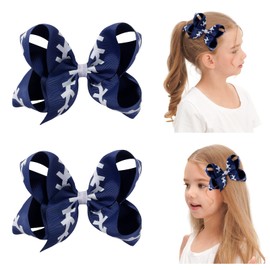 Baseball Hair Bows for Girls, 2 Pack 4.5'' Navy Blue Grosgrain Bows with White Stitch Pattern, Alligator Clips for Toddler Kids Pigtails, Game-Day Softball Team Spirit Hair Accessories