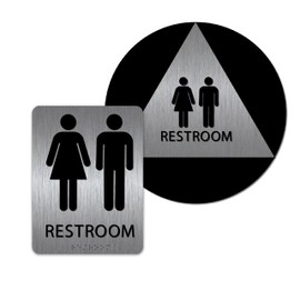 ALPHA DOG ADA SIGNS Unisex Restroom Wall and Door Sign Set Brushed Stainless - ADA Title 24 Compliant All Gender Bathroom Signs with Grade 2 Braille
