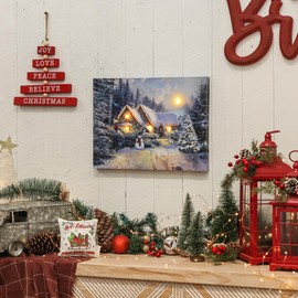 NIKKY HOME Christmas Canvas Wall Art 16" x 12" - Lighted Up Snowman in the Snow Canvas Print LED Xmas Wall Art Prints for Holiday Decor