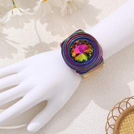 JHWZAIY Colorful Chunky African Cuff Bracelets For Women Statement Gold Silver Wire Rhinestone Sparkly Tribal Wide Bangles Bold Clothes Jewelry Accessories (02 Bracelet Colorfu)