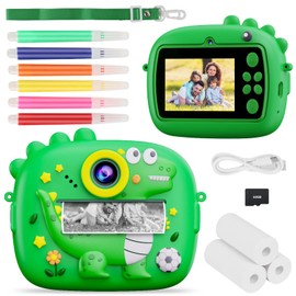 Instant Camera Children's 2.4 Inch Children's Camera Dinosaur Instant Camera with 32G Card and 4 Rolls of Printing Paper, HD Image Quality Children's Camera for Boys and Girls 3-12 Years