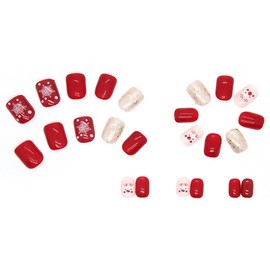 Resweky Pack of 24 False Christmas Nails Deer Snowflakes Short Square French False Nails Red Sequins False Nails Full Cover False Nail for Women and Girls
