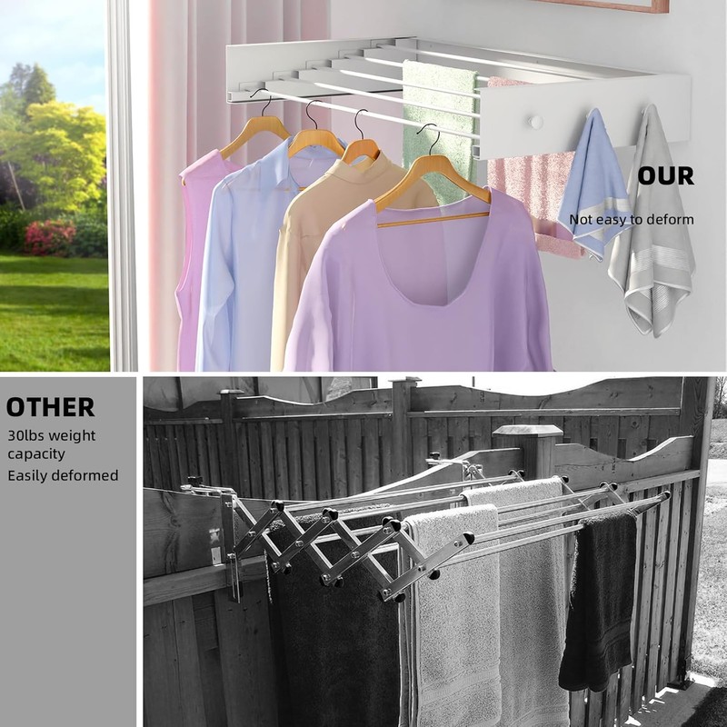 Wall Mounted Foldable, Space Saving Clothes Drying Rack with Knob,