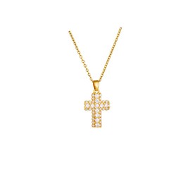 Jumcew 14k Gold Plated Cross Pendant Necklace - Trendy Gold Cross Chain with Dainty Cubic Zirconia Pearl for Women