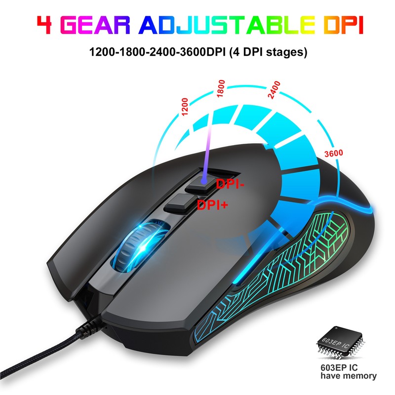 Gaming Mouse USB2.0 4 Adjustable DPI RGB Backlit Ergonomic Design
