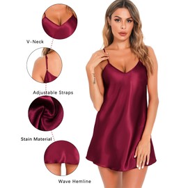Lovasy Satin Nightdress Women's Negligee Sexy Black Short Chemise Spaghetti Straps Babydoll V Neck Sleepwear Sleepwear Underdress Night Dress, Y-purple-red