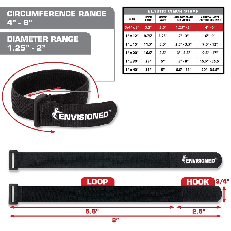 Elastic Reusable Cinch Straps 3/4"x8" - 10 Pack Hook and