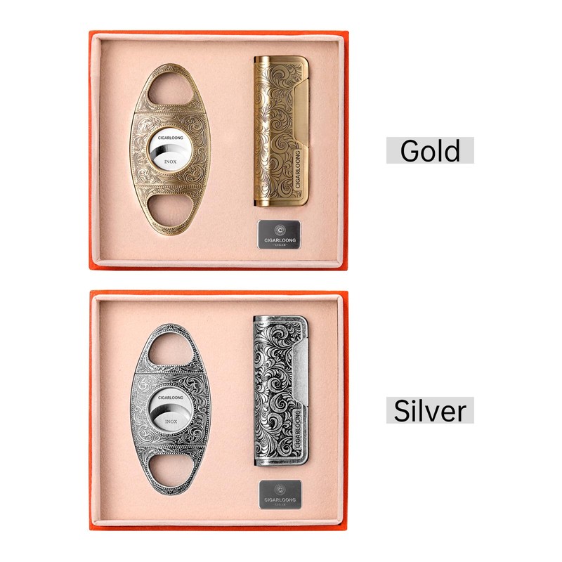 CIGARLOONG Cigar Cutter and Lighter Set Sharpening Blade Engraved Cigar
