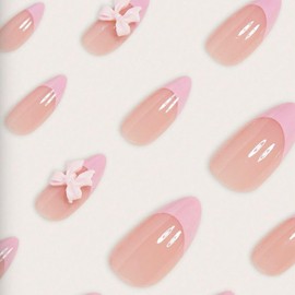24Pcs French Tip Press on Nails Fake Nails with Pink Bow Design Short Almond-Shaped False Nails Cute Bow Press ons Stick on Nails for Women Girls