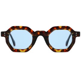 Long Keeper Retro Hexagon Sunglasses Women Mens Vintage Trendy Rectangle Thick Frame Travel Sun Glasses UV400 Protection (Leopard Blue)