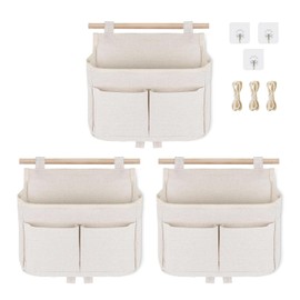 Qeuufieu Pack of 3 Hanging Organiser Hanging Bag, Storage Bag Hanging, Wall Hanging Storage, Linen Fabric Organiser Hanging, Wall Organiser with Hooks for Home, Office, Bathroom, Children's Room