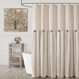 XOGUIBO Farmhouse Shower Curtain Linen Beige Button Woven Fabric Country Rustic Western, Pleated Beige Stripe 72" W x 72" L