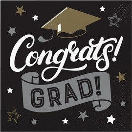 Trendware Glamorous Congrats Grad Black and Gold Graduation Napkins, 48 ct