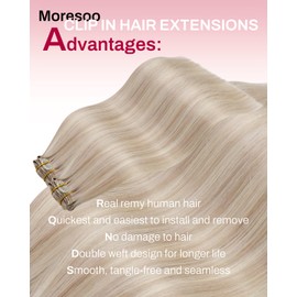Moresoo Seamless Hair Extensions Clip ins Human Hair Blonde Highlight Remy Seamless Clip in Hair Extensions Real Human Hair Cool Ash Blonde with Bleach Blonde with A Hint of Pink 7pcs 120g 14inch