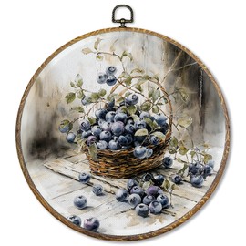 Pugwak Vintage Blueberry Round Wall Art Decor, French Country Canvas Art Framed, Rustic Cottagecore Farmhouse Fruit Artwork Wall Hanging Decor for Kitchen Home Living Room Bedroom, 10x10in