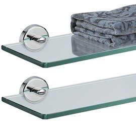 JQK Bathroom Glass Shelf Chrome, Tempered Glass Shower Storage 12 by 5 inches, 304 Stainless Steel Polished Chrome Wall Mount 2 Pack, TGS101L12-CH-P2