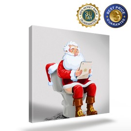 Christmas Canvas Wall Art Funny Santa Claus Sitting on Toilet,Oil Painting Prints Artworks Picture Stretched and Framed,Watercolor Red Clothe Xmas Wall Decor for Living Room/Bedroom/Kitchen/Bathroom