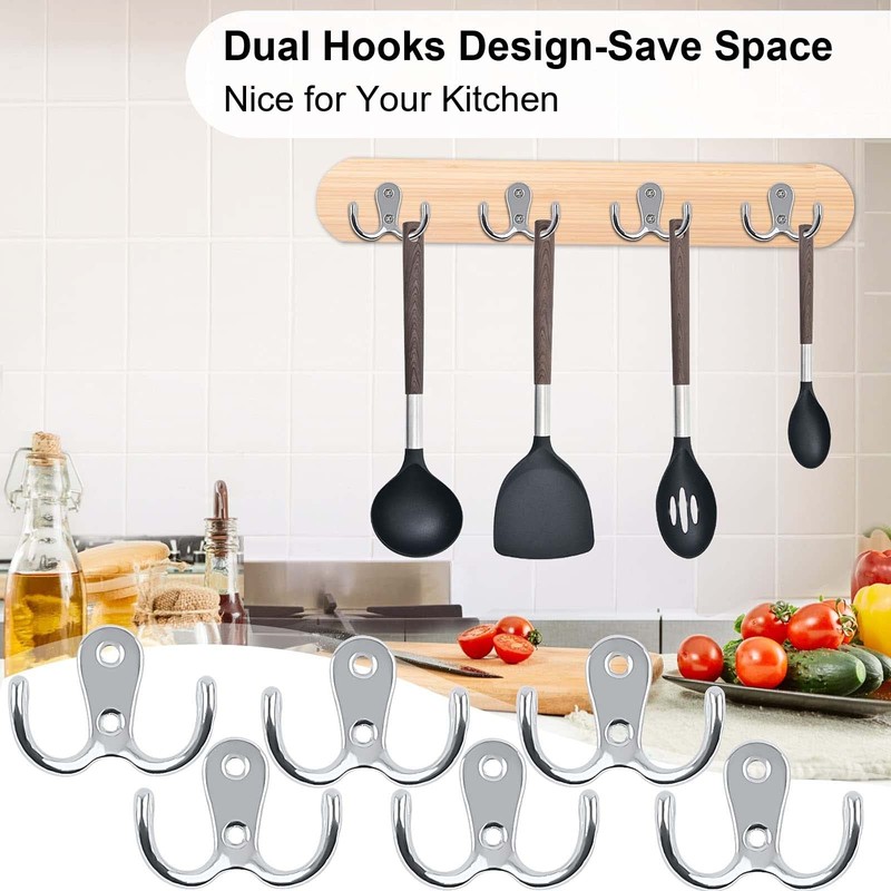 6 PCS Double Prong Robe Hooks Dual Coat Hooks Door