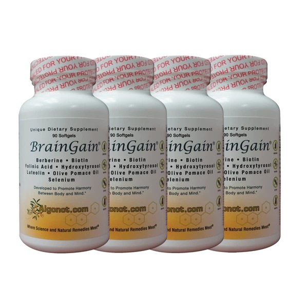 BrainGain 4 Bottle Pack Exclusive Patented Combination of Luteolin and flavonoids in Olive Pomace Oil with EVO