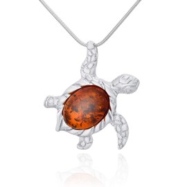 Women's 925 Sterling Silver Necklace with Nano Coating Protection Oval Baltic Amber Sea Turtle Pendant on a Chain with a Snake Chain Gift Set, Sterling Silver, Amber