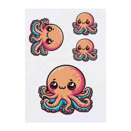 4 x 'Kawaii Octopus Baby' Temporary Tattoos - Water Resistant, Skin-Safe, Non-Toxic Transfers, Mixed Sizes (TO00070696)