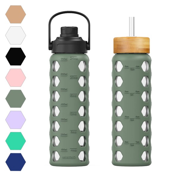 MUKOKO 24oz Glass Water Bottle with 2 Lids-Handle Flip Lid&Bamboo